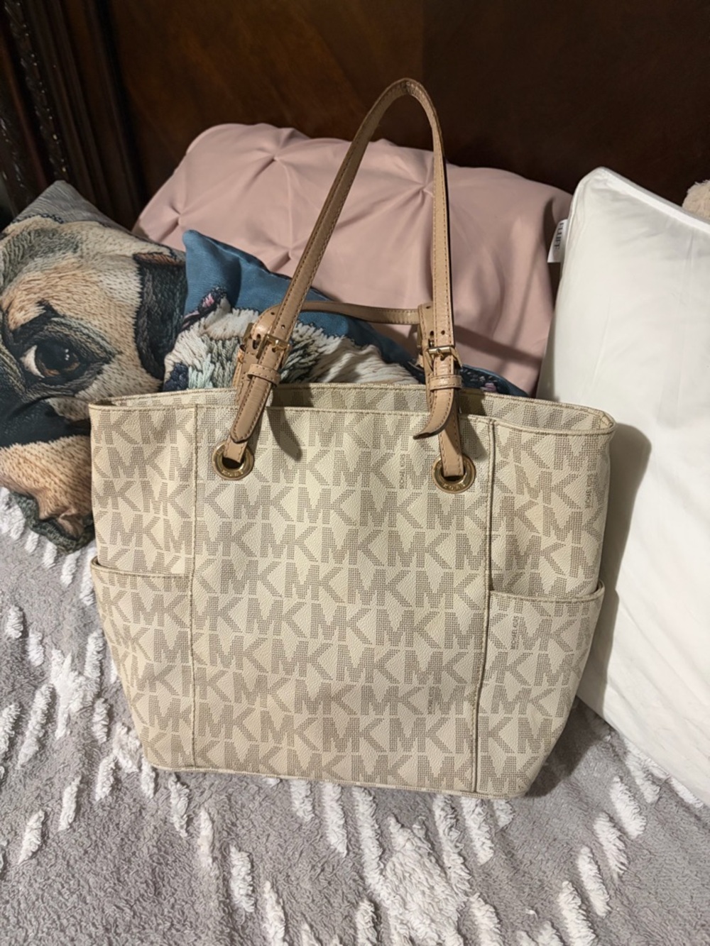 Michael Kors Beige Logo Canvas Tote with Tan Leather Straps